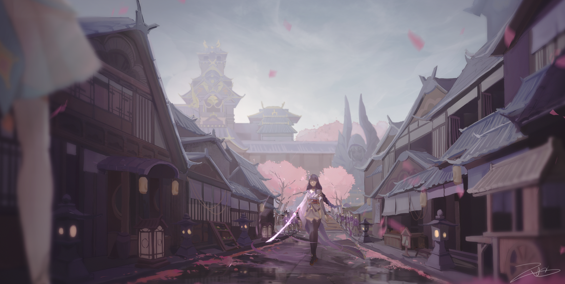 Baal Raiden Shogun from Genshin Impact stands poised with her sword in a detailed 4K Ultra HD video game wallpaper background of a traditional village.