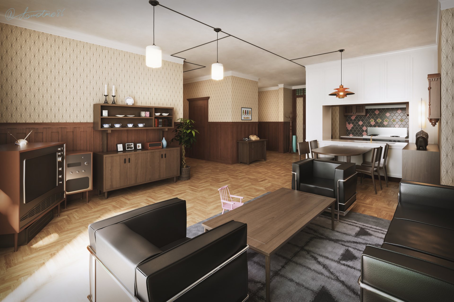 A modern, cozy living room with wood-paneled walls and mid-century furniture, styled as a 4K Ultra HD PC desktop wallpaper inspired by Anime and Spy x Family.