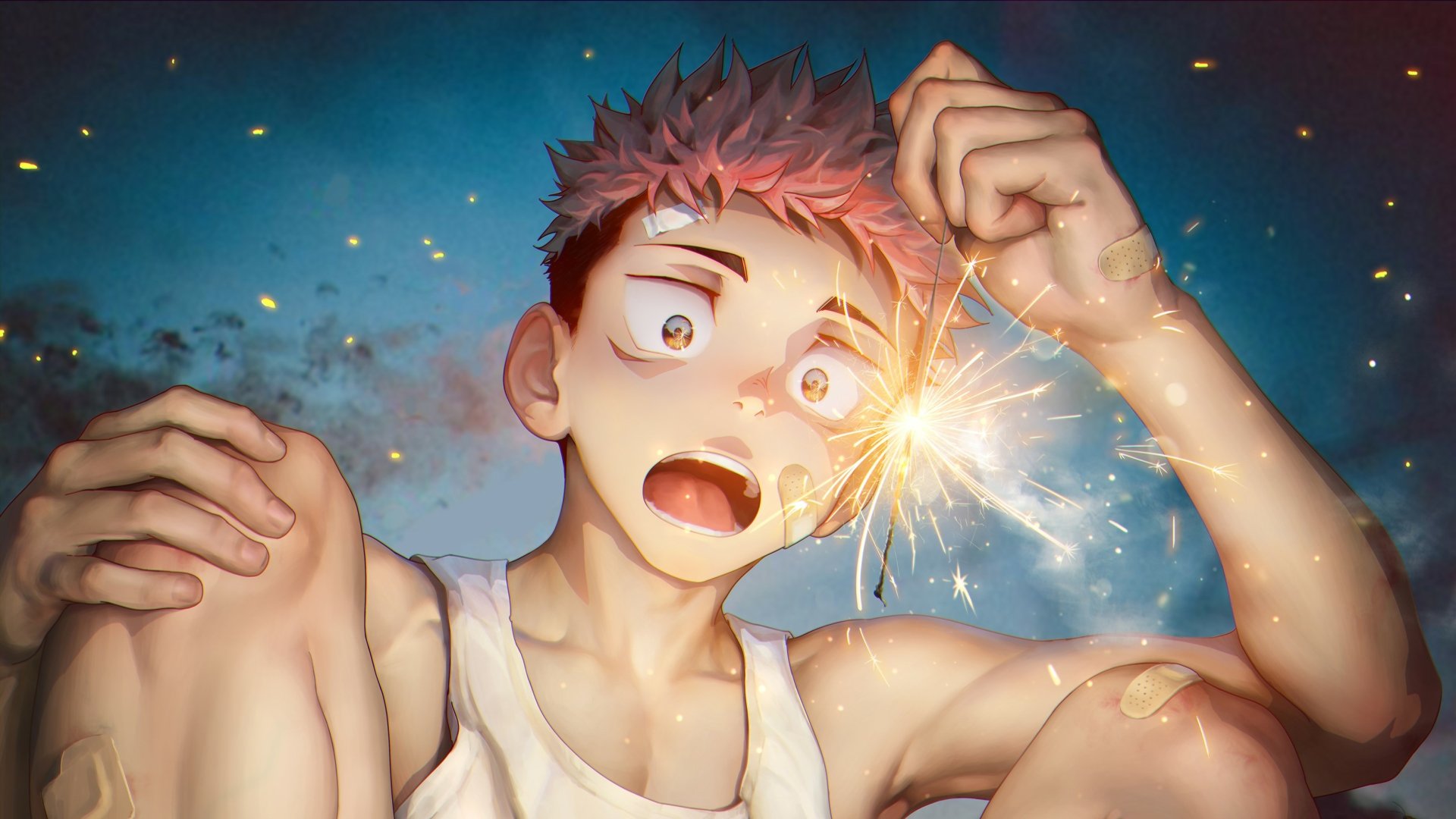 HD PC desktop wallpaper featuring Yuji Itadori from the anime Jujutsu Kaisen, holding a glowing sparkler against a night sky background.