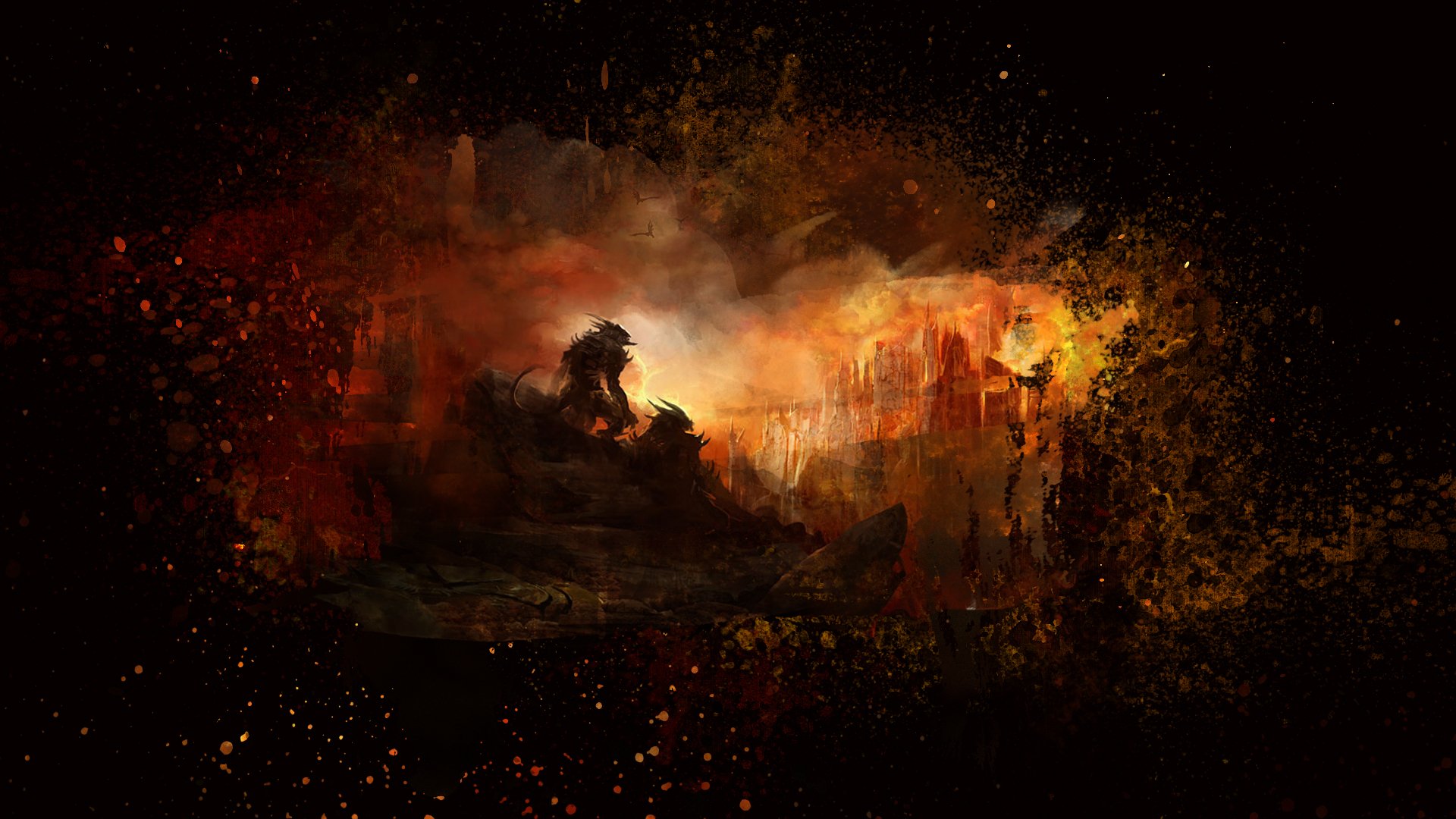 Abstract artistic HD desktop wallpaper featuring a dark, fiery scene with glowing embers and indistinct, shadowy forms blending into the background.