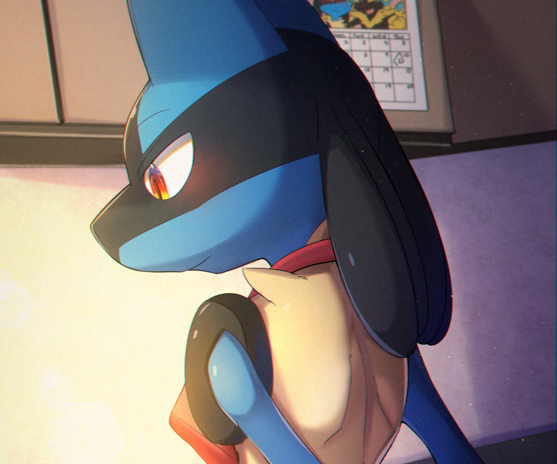 HD PC desktop wallpaper featuring Lucario from Pokémon, captured in a close-up side profile with warm lighting, highlighting the iconic video game character.