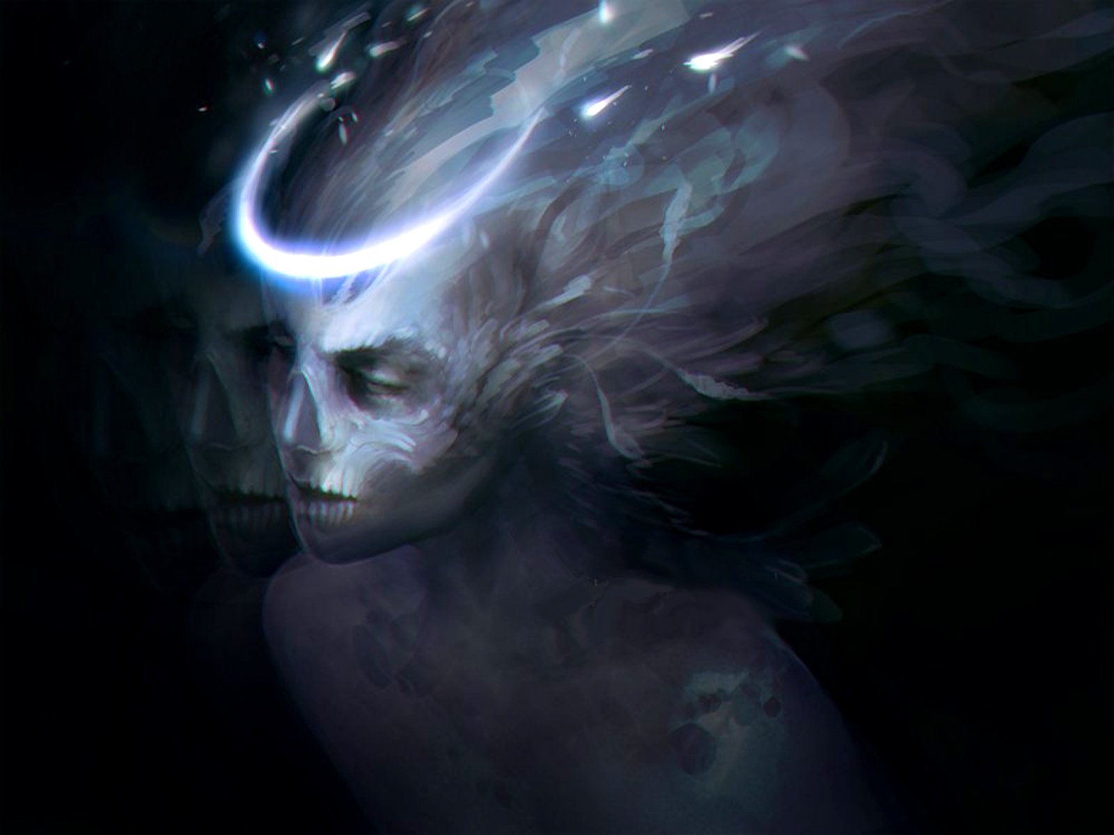 A dark, HD desktop wallpaper featuring a scary, ghostly skull with ethereal, wispy elements.