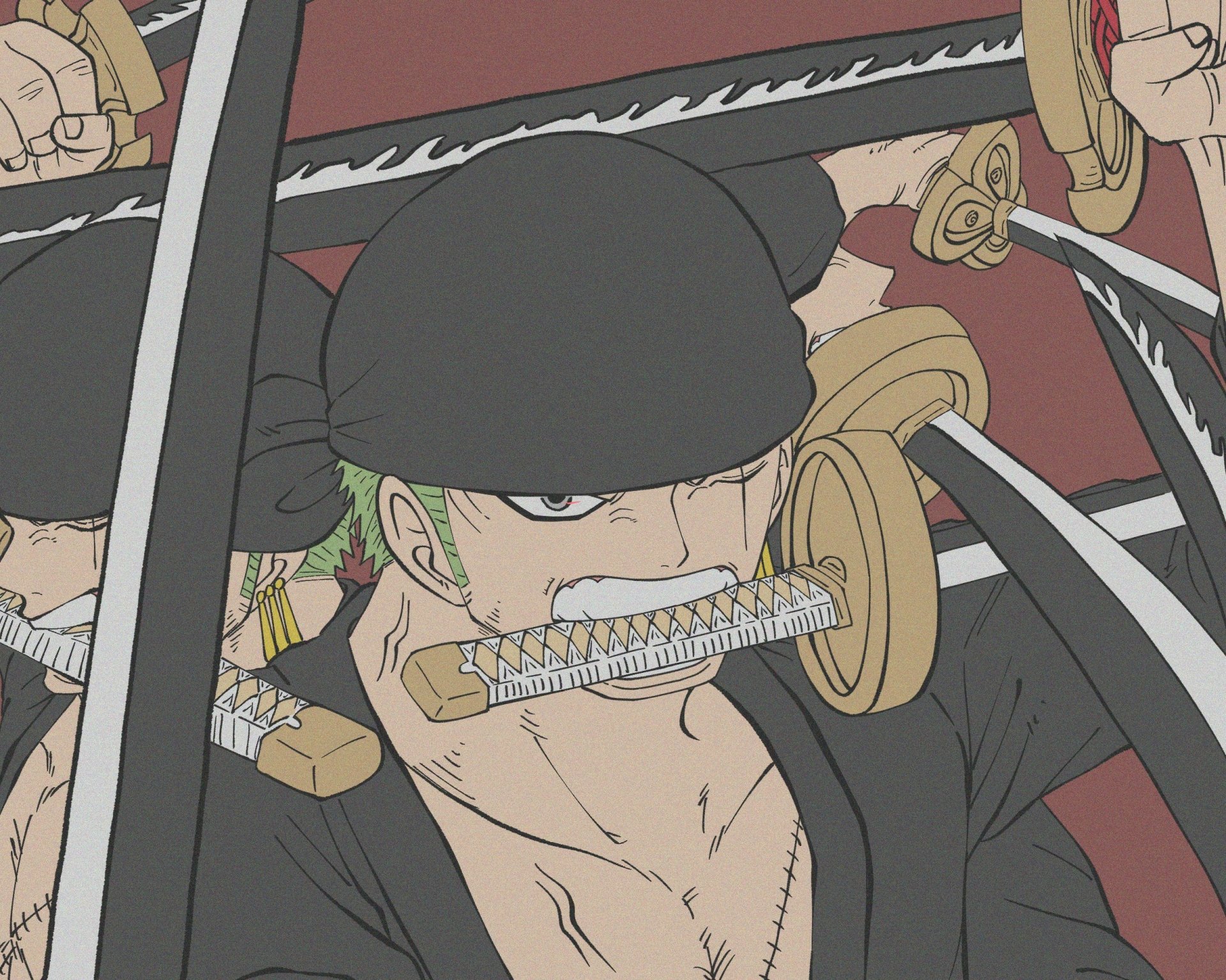 HD PC desktop wallpaper featuring Roronoa Zoro from the anime One Piece, showcasing him with swords in a striking and bold anime style.