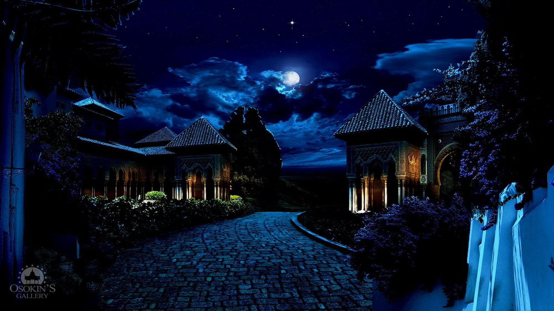 Artistic HD PC desktop wallpaper/background: moonlit cobblestone drive past glowing ornate villas beneath turbulent clouds and a bright full moon.