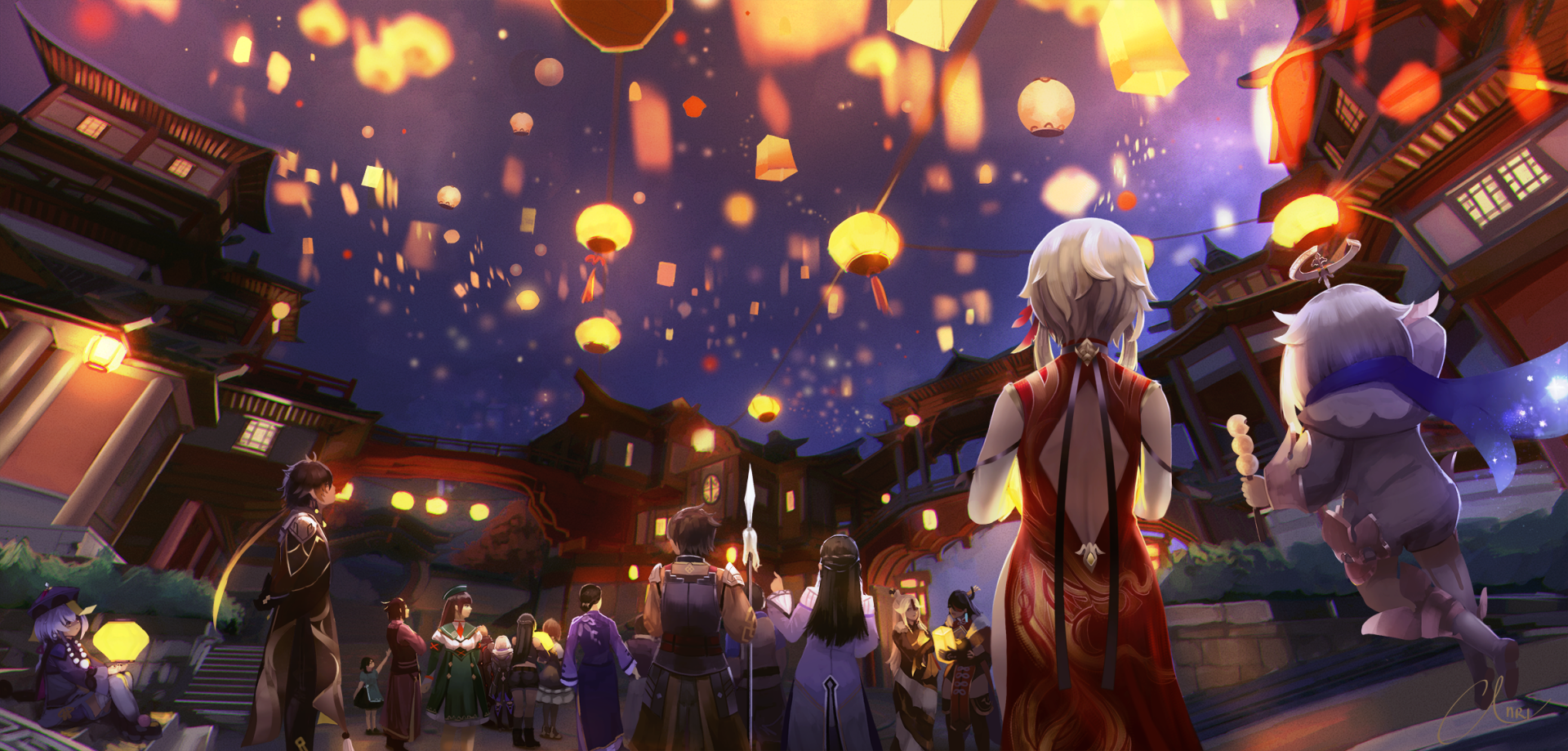 HD PC desktop wallpaper from the video game Genshin Impact showing Beidou, Qiqi, Zhongli, Lumine and Paimon watching lanterns float over a festive Liyue night.