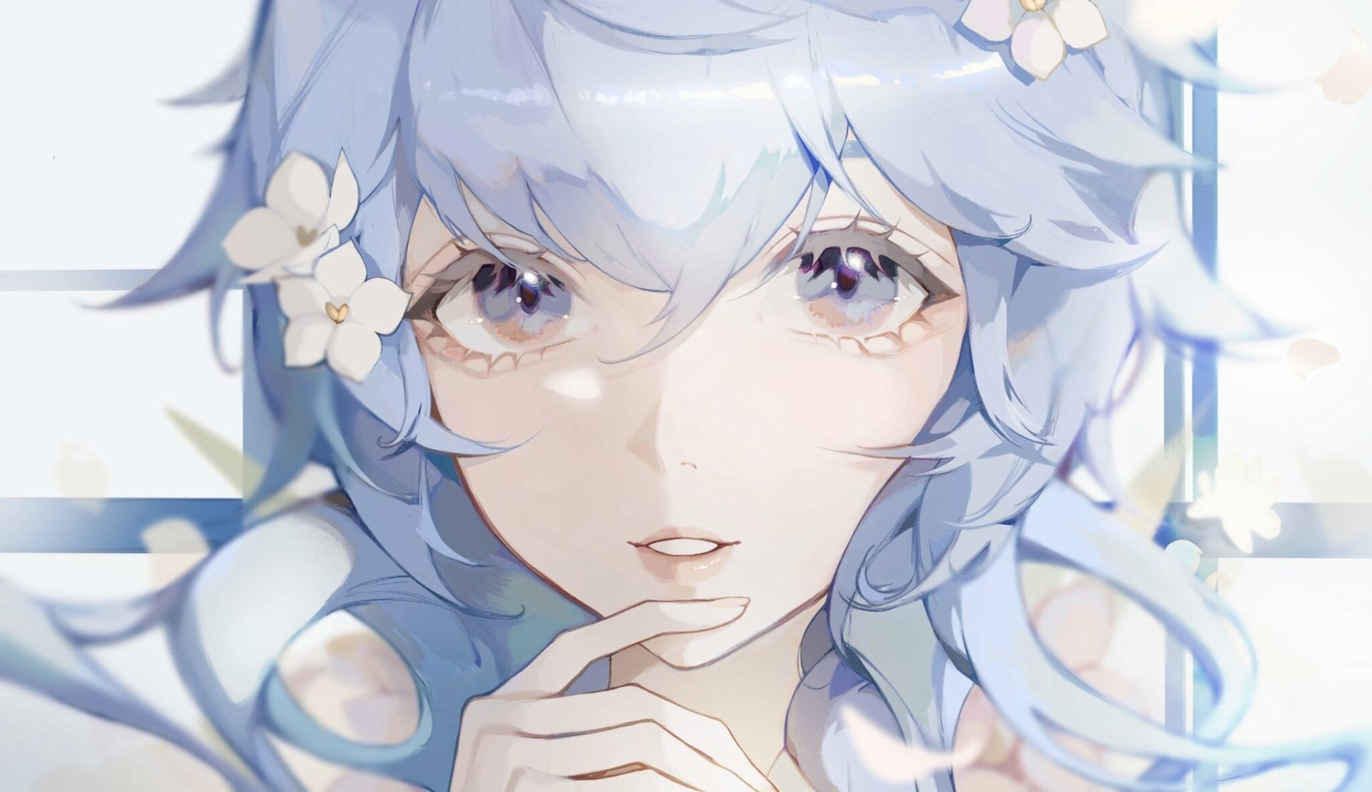 Close-up HD PC desktop wallpaper of Ganyu from the video game Genshin Impact: soft blue hair, white floral hairpins, and a calm, luminous gaze set in pastel light.