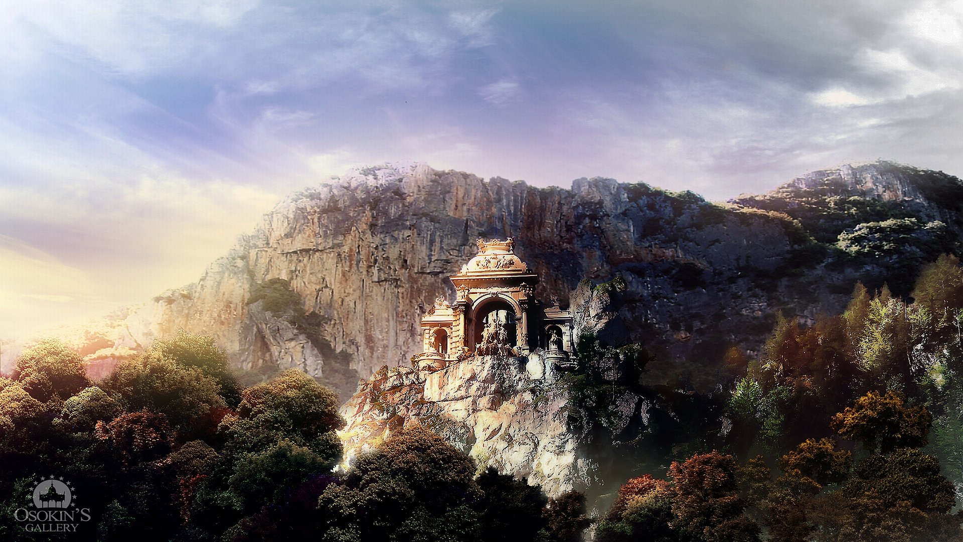 HD PC desktop wallpaper and background: a man-made stone building—ornate temple—perched on a sunlit rocky cliff above a forest, framed by dramatic clouds and distant peaks.