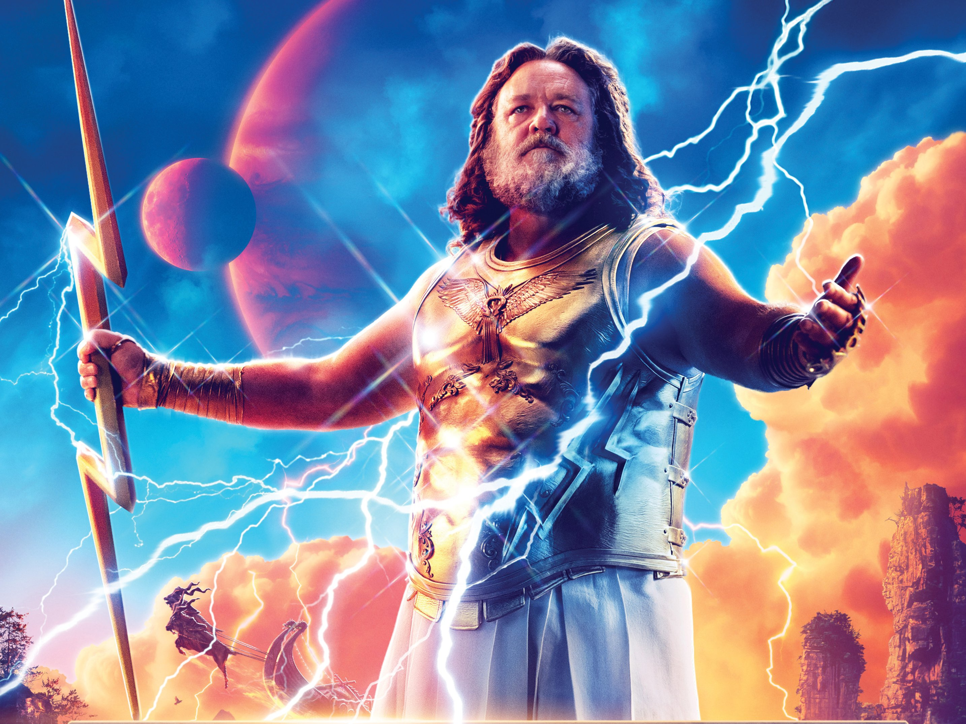 HD desktop wallpaper featuring Russell Crowe as Zeus from Marvel Comics' movie Thor: Love and Thunder, surrounded by lightning and vibrant clouds.
