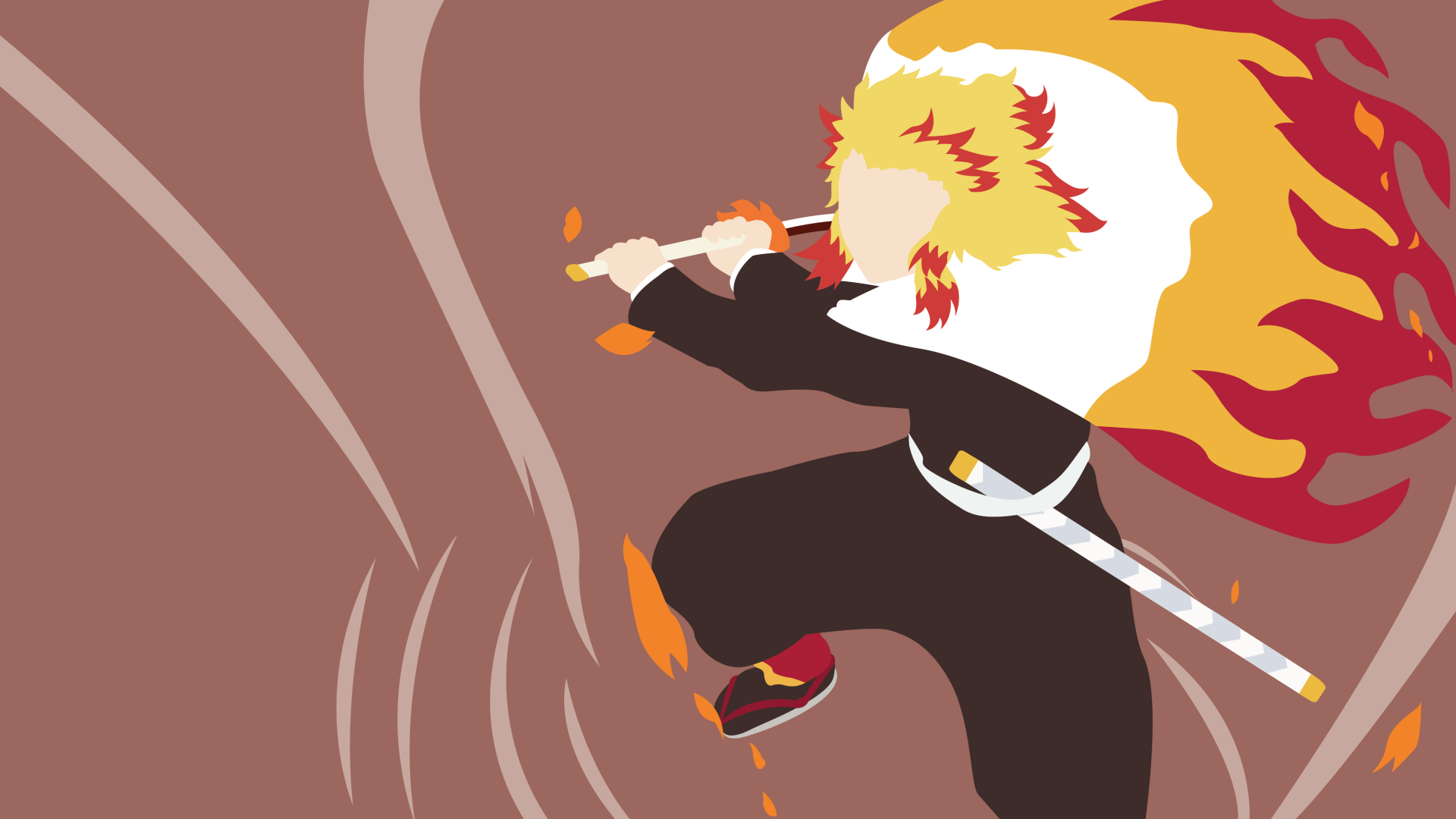 Kyojuro Rengoku from Demon Slayer: Kimetsu no Yaiba in dynamic anime style, depicted with fiery hair and sword, rendered as a vibrant 4K Ultra HD PC desktop wallpaper.