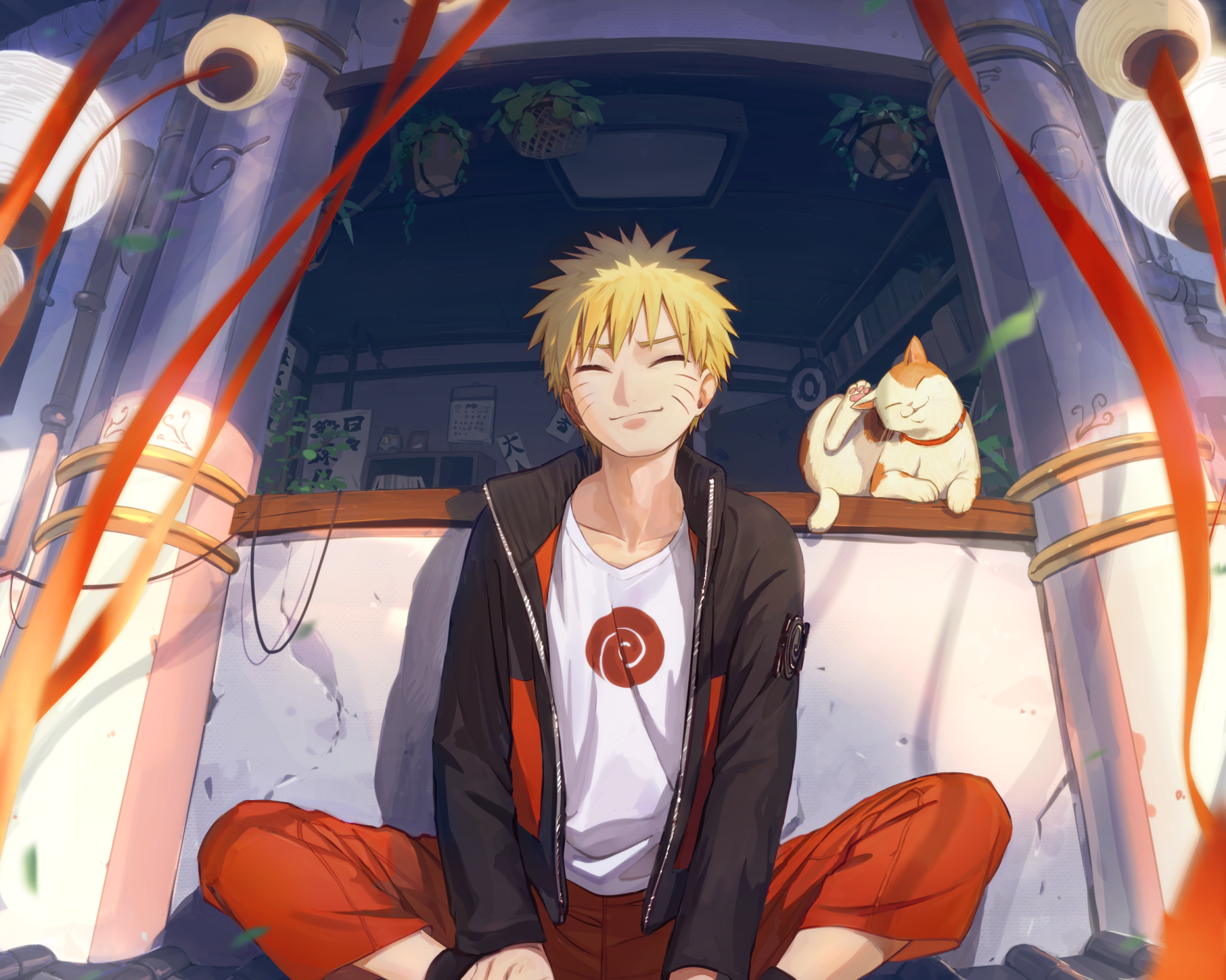 HD PC desktop wallpaper featuring Naruto Uzumaki from the anime Naruto, sitting peacefully with a cat in a cozy, softly lit room.