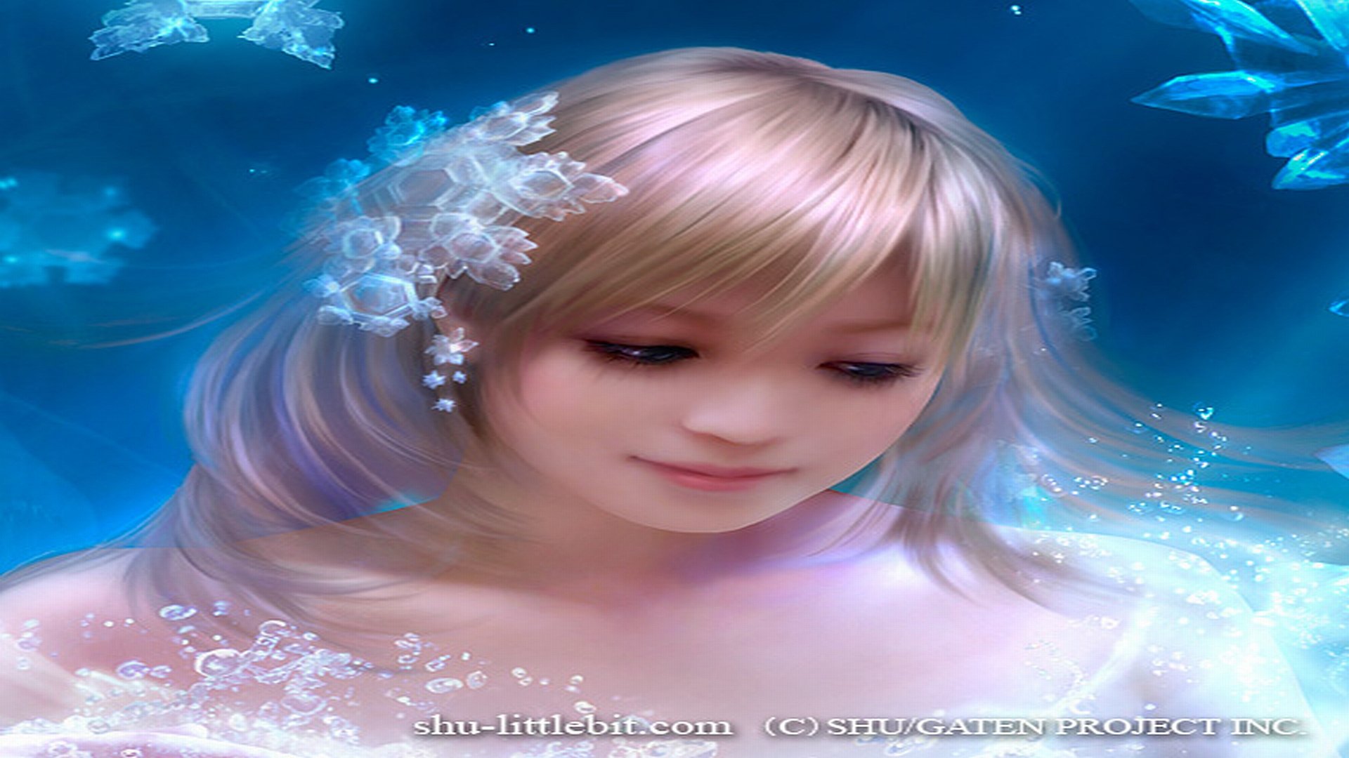 Fantasy-themed celestial portrait of a serene young woman surrounded by glowing, ethereal blue elements, designed as an HD PC desktop wallpaper and background.