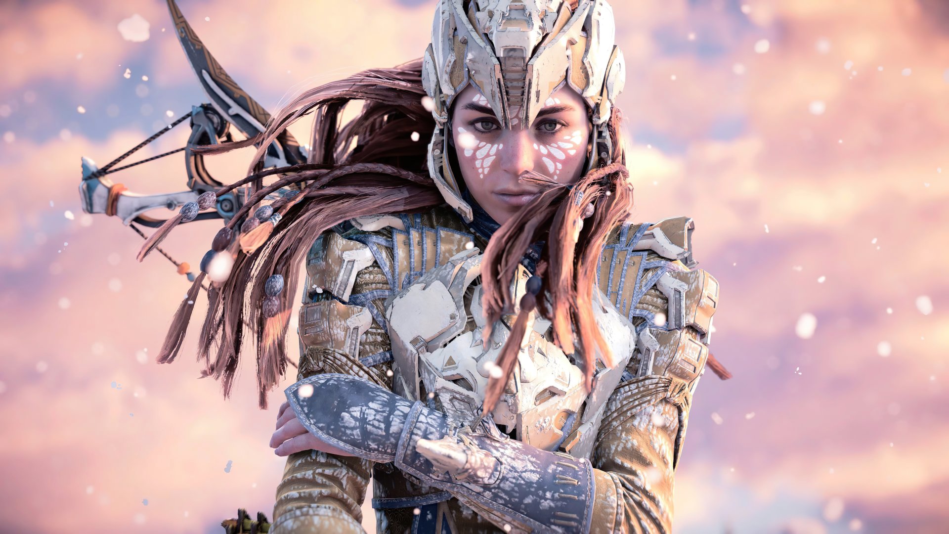 Aloy from Horizon Forbidden West in detailed armor, featured in a 4K Ultra HD PC desktop wallpaper from the Horizon video game series.