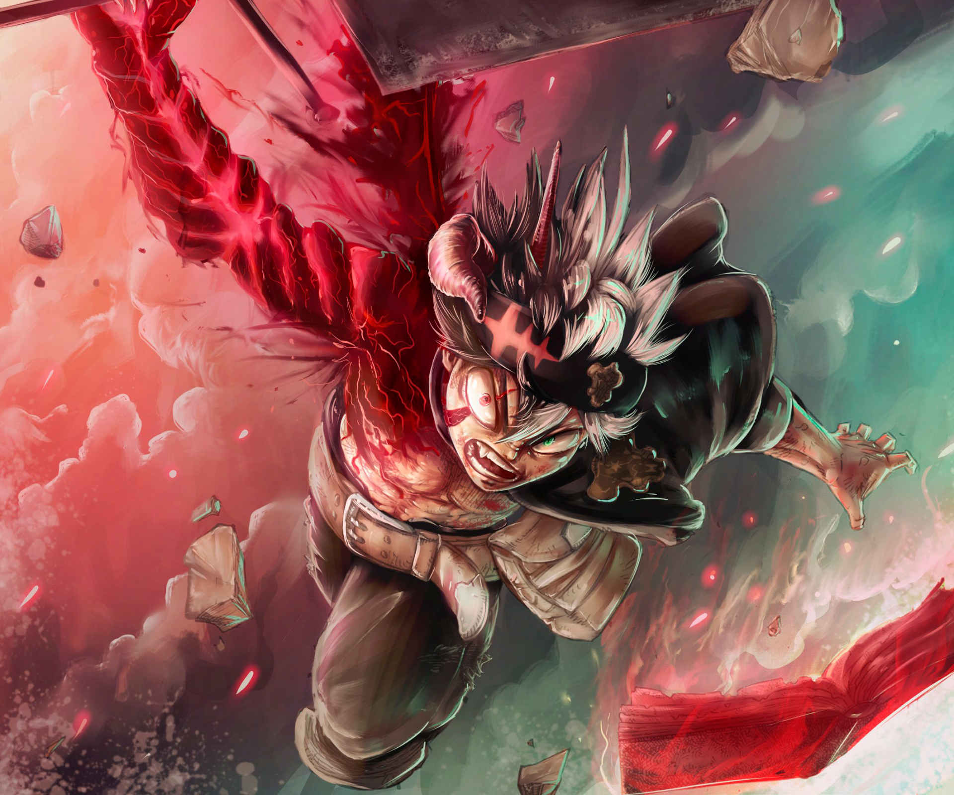 Asta from Black Clover in dynamic anime style, featuring intense battle energy with red and green hues, designed as an HD PC desktop wallpaper and background.