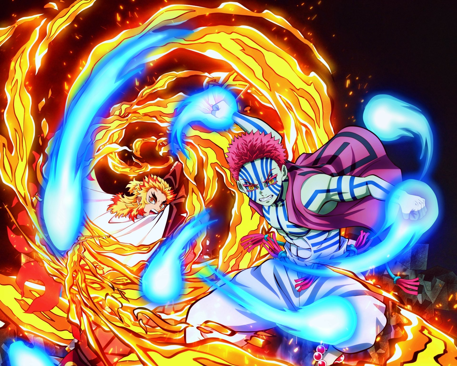 4K Ultra HD wallpaper featuring Akaza and Kyojuro Rengoku from Demon Slayer: Kimetsu no Yaiba in an intense, vibrant anime battle scene.