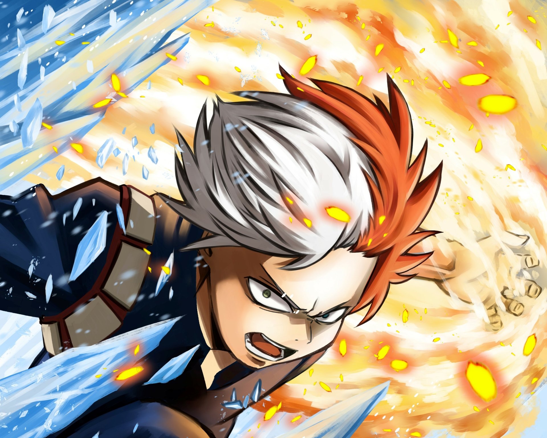 Shoto Todoroki from My Hero Academia charging through ice and flames in a vivid 2K Quad HD anime PC desktop wallpaper/background.