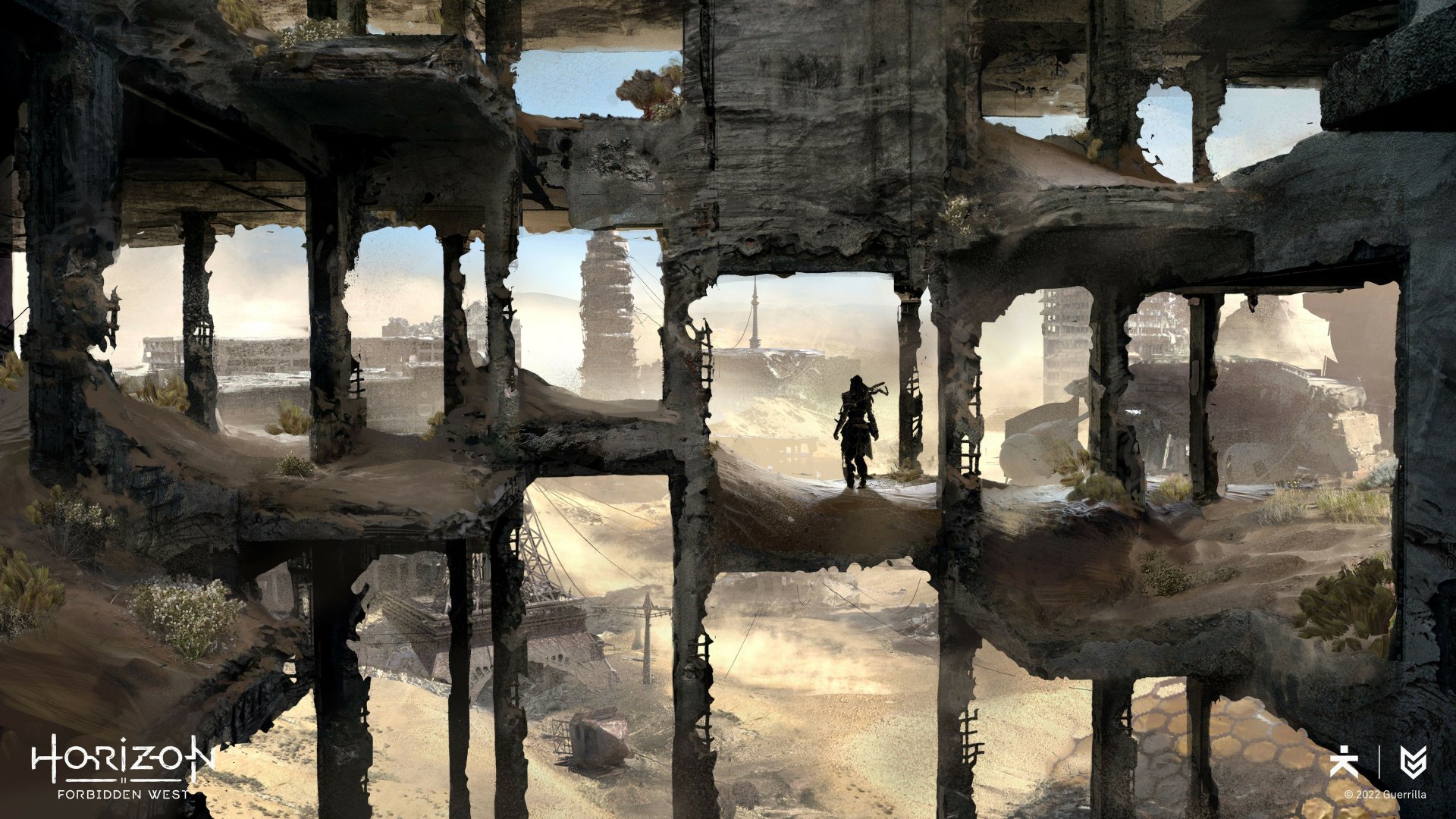A 4K Ultra HD PC wallpaper from the video game Horizon Forbidden West showcasing a lone figure standing amidst a vast, decayed structure in a rugged landscape.