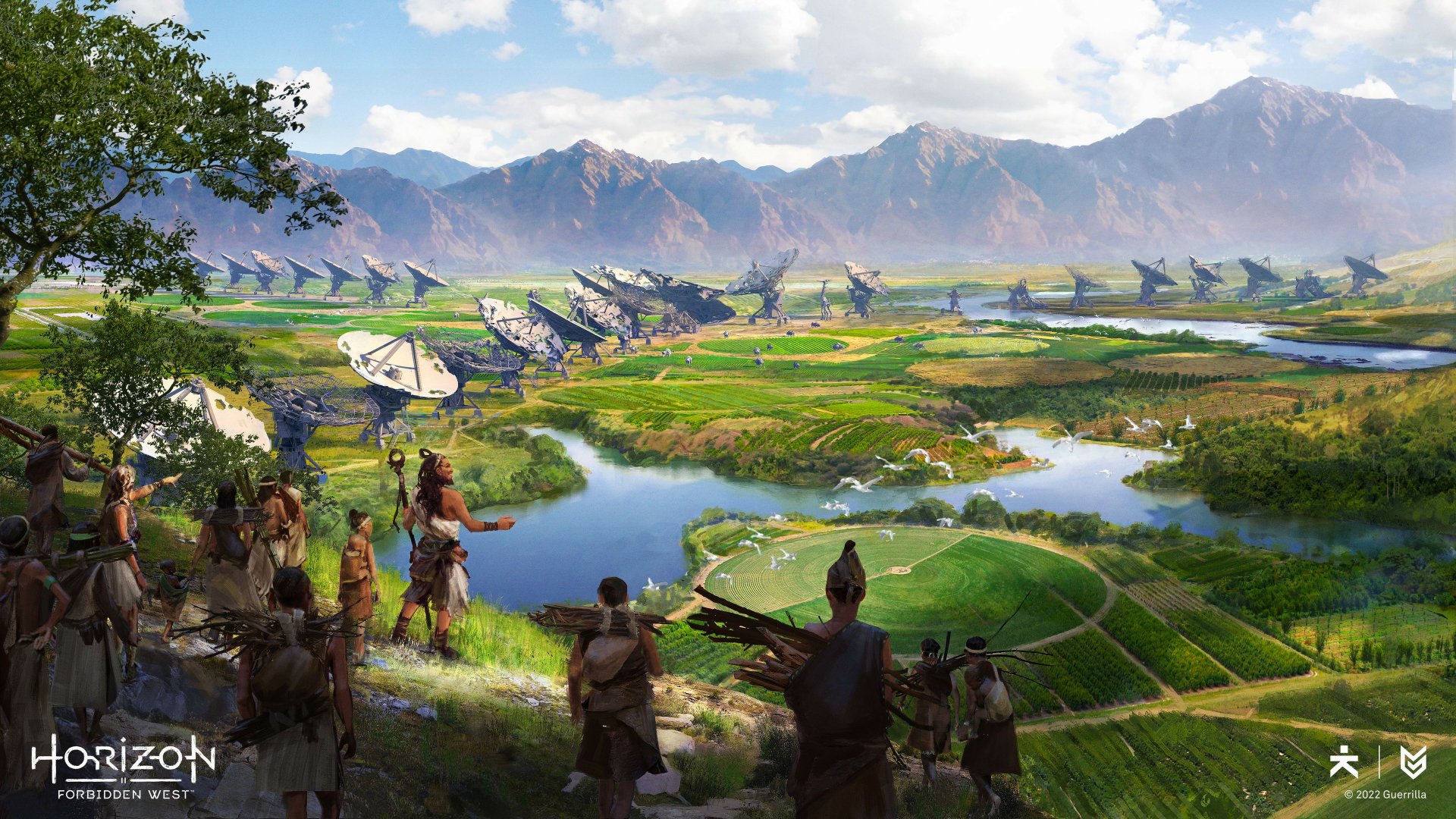 4K Ultra HD PC desktop wallpaper depicting a vibrant landscape from the video game Horizon Forbidden West with characters overlooking futuristic structures and mountains.