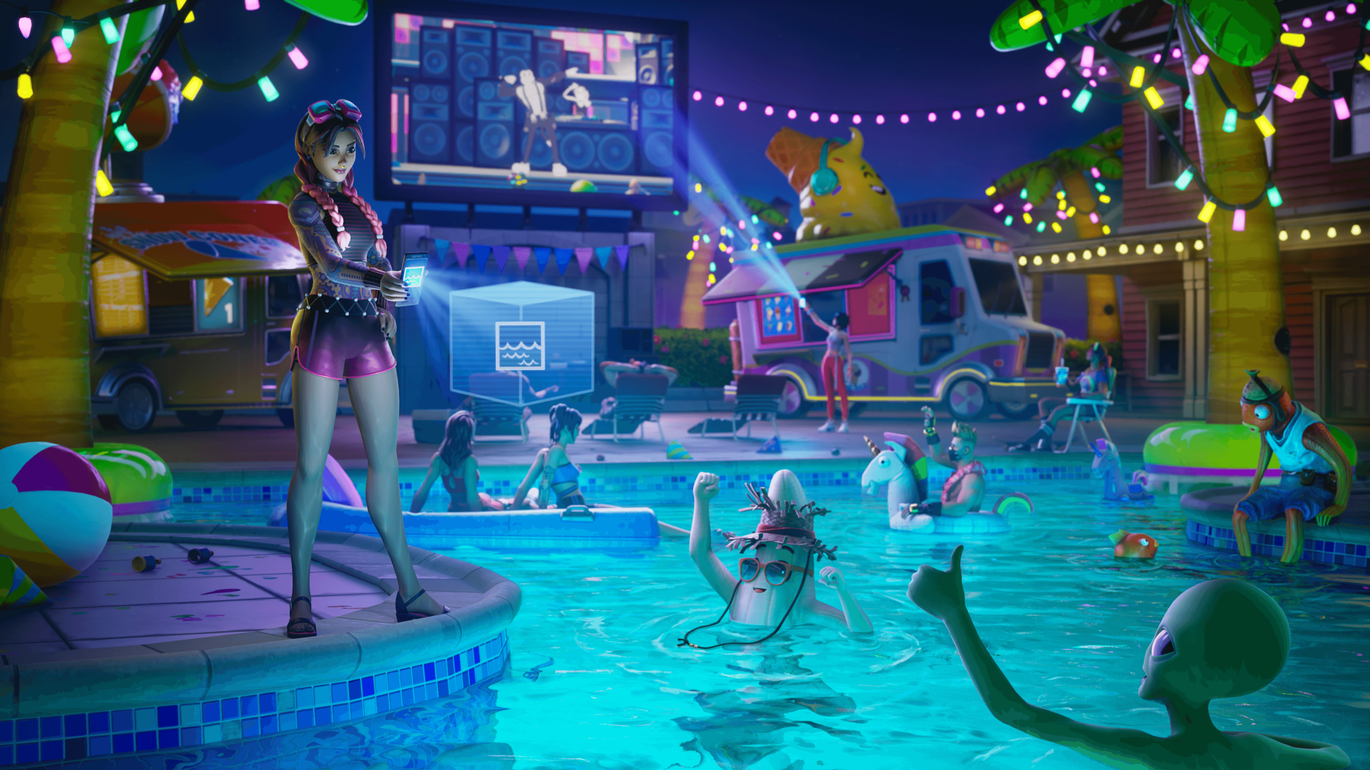 Fortnite characters enjoying a vibrant nighttime pool party scene, captured in stunning 4K Ultra HD for a PC desktop wallpaper.