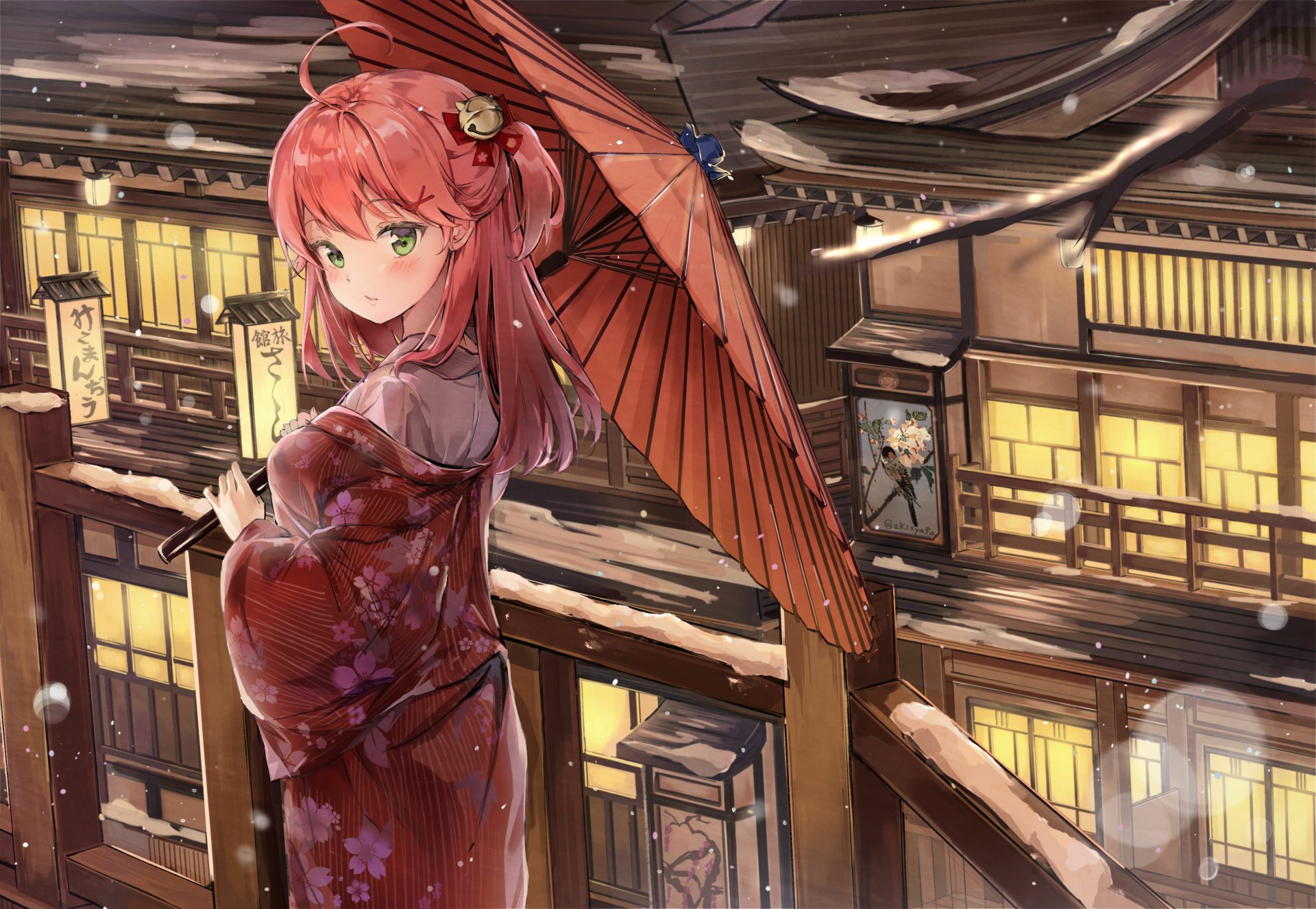 Sakura Miko (hololive) anime Virtual YouTuber in a red kimono holding a parasol on a snowy balcony above lantern-lit traditional street — 2K Quad HD PC desktop wallpaper/background.