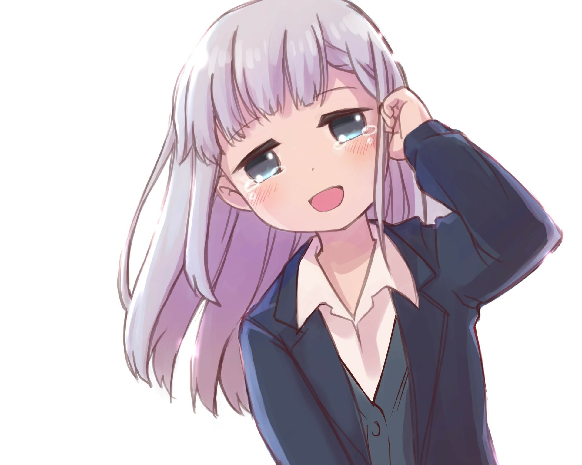 HD PC desktop wallpaper of Reina Aharen (Aharen-san Is Indecipherable): anime girl with light purple hair in a school uniform, smiling and touching her head, rendered in soft pastel tones.