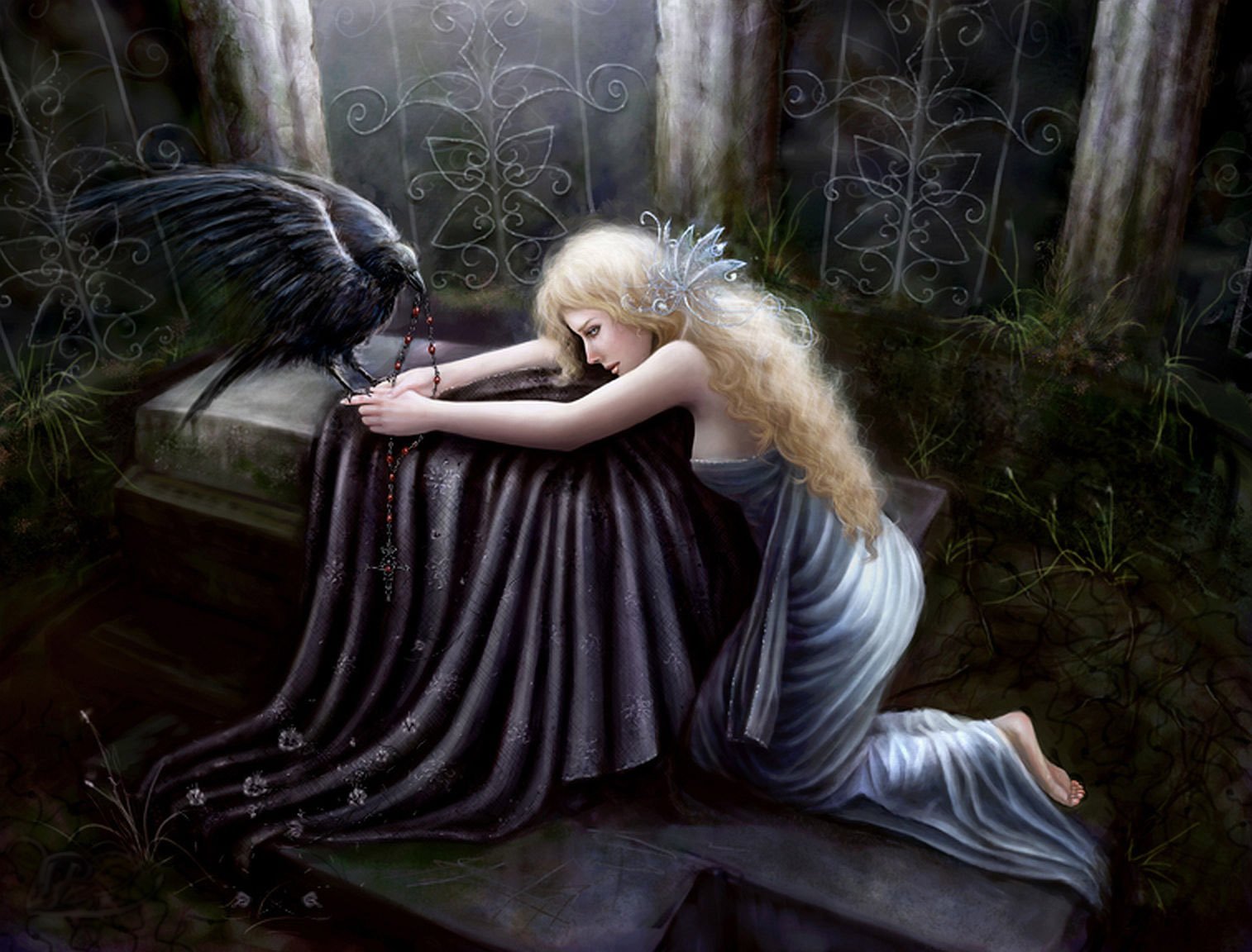HD fantasy wallpaper depicts a woman in a flowing dress, kneeling and leaning on a surface, with a raven perched beside her in a mystical setting.