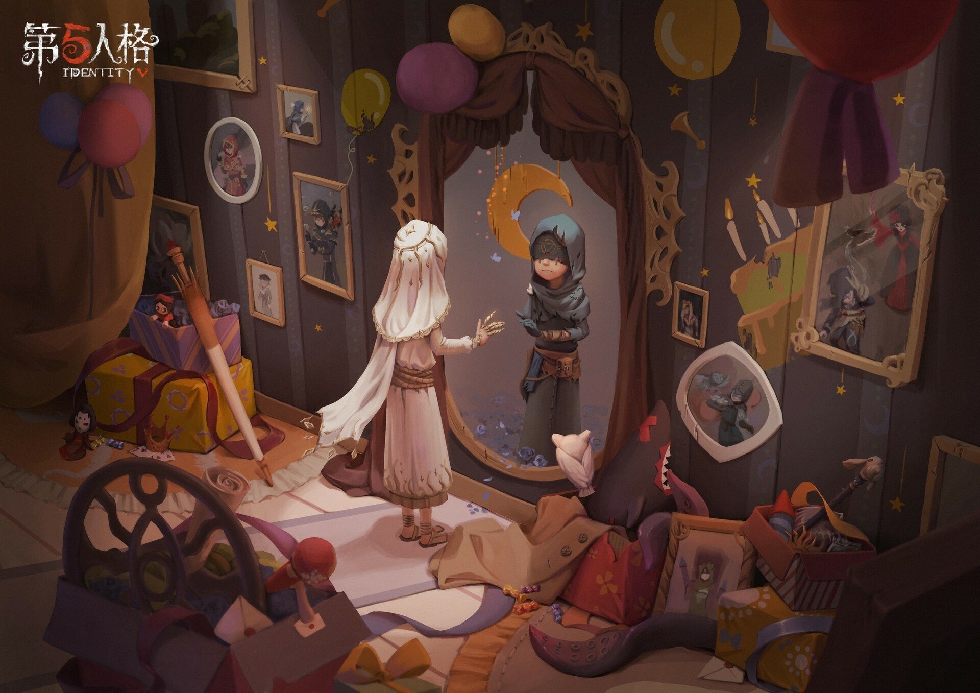 HD PC desktop wallpaper featuring a detailed, atmospheric scene from the video game Identity V, showcasing two characters in a dimly lit, art-filled room.