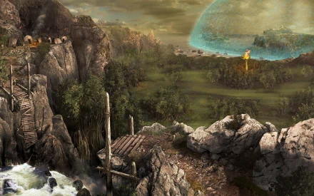 Scenic HD wallpaper from the video game Arcania, featuring rugged cliffs, a flowing river, and a distant futuristic dome over a lush landscape.