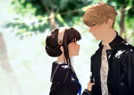 HD anime desktop wallpaper featuring Loid Forger and Yor Forger from Spy x Family standing closely in a softly lit, leafy outdoor setting.