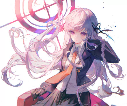 2K PC wallpaper of Kyōko Kirigiri from the Danganronpa video game: silver‑lilac braided hair, purple eyes, school uniform with orange tie, flowing hair and abstract target motif.