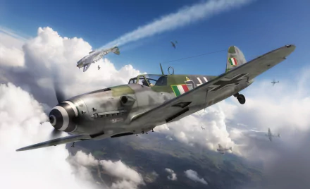 HD desktop wallpaper of a Luftwaffe Messerschmitt Bf 109 military fighter in camouflage banking over clouds while a damaged plane trails smoke.