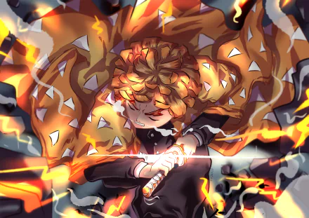 Zenitsu Agatsuma from Demon Slayer: Kimetsu no Yaiba in a fiery lightning stance, vivid anime 2K Quad HD PC desktop wallpaper/background.