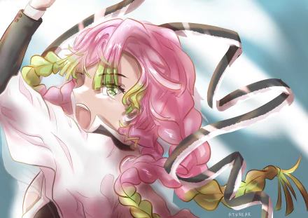 5K Ultra HD PC desktop wallpaper: Mitsuri Kanroji from Demon Slayer: Kimetsu no Yaiba — anime portrait with pink braided hair, green eyes, flowing ribbons and dynamic sky background.