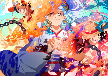 HD anime wallpaper featuring One Piece characters Portgas D. Ace, Monkey D. Luffy, and Yamato with vibrant flames and dynamic poses.