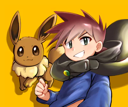 HD desktop wallpaper featuring Green from Pokémon alongside Eevee, inspired by the classic video game Pokémon: Red and Blue.