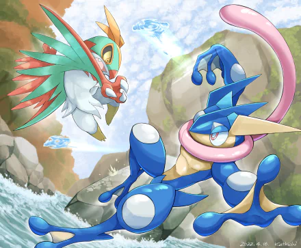 HD PC desktop wallpaper featuring Greninja and Hawlucha, two dynamic Pokémon, set against a vibrant outdoor background with rocks and flowing water.