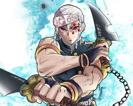 Tengen Uzui from Demon Slayer: Kimetsu no Yaiba in a powerful pose wielding chained blades against a blue ink-splash sky — 2K Quad HD anime PC desktop wallpaper/background.