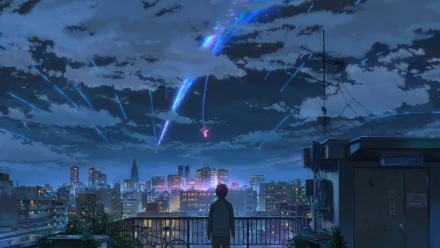 A stunning 8K Ultra HD wallpaper featuring a scene from the anime Your Name. A figure stands on a rooftop, gazing at a vibrant city skyline illuminated by shooting stars.