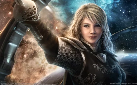 A women warrior with long blonde hair stands confidently against a cosmic background, wielding a bow. This HD fantasy image makes a striking desktop wallpaper.