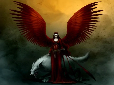 HD desktop wallpaper featuring a dark, menacing angel with red wings, draped in red, standing with a ferocious white animal against a dramatic, stormy background. Tags: wings, evil, red, dark, angel.