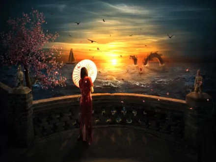HD fantasy desktop wallpaper featuring an Asian woman with a parasol overlooking a sunset sea with sakura trees and a dragon.