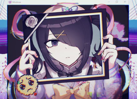 HD PC desktop wallpaper featuring Ame-chan from the video game NEEDY GIRL OVERDOSE, framed by glitch art and vibrant colors in an anime style.