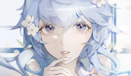 Close-up HD PC desktop wallpaper of Ganyu from the video game Genshin Impact: soft blue hair, white floral hairpins, and a calm, luminous gaze set in pastel light.