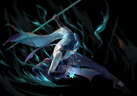 Xiao from Genshin Impact in dynamic action pose with glowing blue energy, captured in stunning 8K Ultra HD PC desktop wallpaper quality.