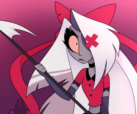 Vaggie from the TV show Hazbin Hotel is depicted in this 4K Ultra HD desktop wallpaper with her distinctive white hair and nurse-like outfit.