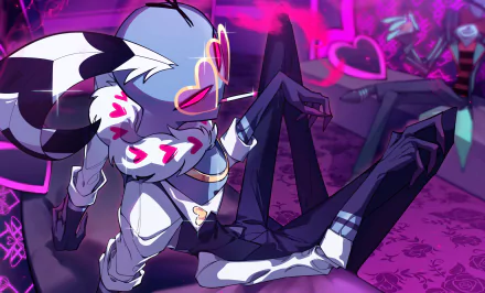 Valentino (Hazbin Hotel) lounges in neon-pink clubwear, heart-shaped glasses and long limbs, against a stylized Hazbin Hotel TV show backdrop — HD PC desktop wallpaper and background.