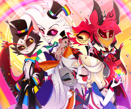 A vibrant HD wallpaper featuring characters from the TV show Hazbin Hotel, showcasing a colorful ensemble with playful expressions and dynamic poses against a lively background.