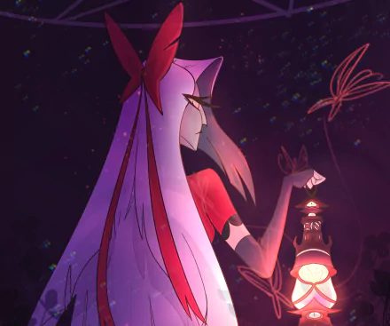 Vaggie (Hazbin Hotel) TV-show character in an HD PC desktop wallpaper; she holds a glowing lantern amid a dark, star-specked purple background.