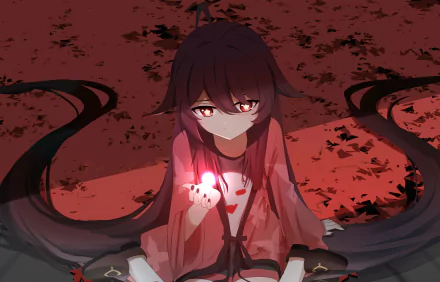 HD PC desktop wallpaper featuring Hu Tao from the video game Genshin Impact, with a dark, red-toned background and glowing effects around her.