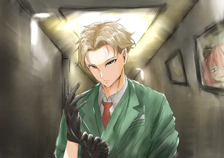 HD anime wallpaper featuring Loid Forger from Spy x Family, depicted adjusting a black glove in a dimly lit hallway with framed pictures on the walls.