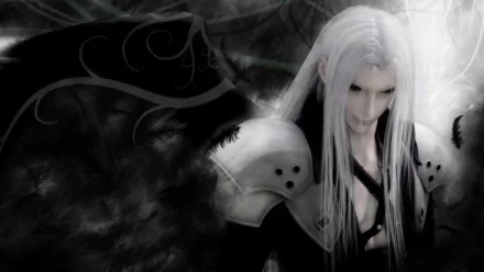 A striking HD wallpaper featuring Sephiroth from Final Fantasy VII: Advent Children, showcasing his iconic silver hair and dark, atmospheric background.